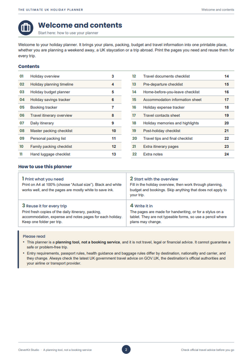 The Ultimate UK Holiday Planner PDF | Travel Itinerary, Packing Lists & Holiday Budget Printable