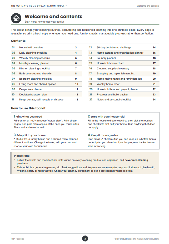 The Ultimate Home Organisation Toolkit PDF | Cleaning Schedules, Decluttering Checklists & Household Planner