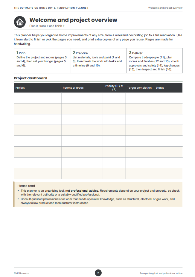 The Ultimate UK Home DIY & Renovation Planner PDF | Project Checklist, Materials List & Budget Tracker